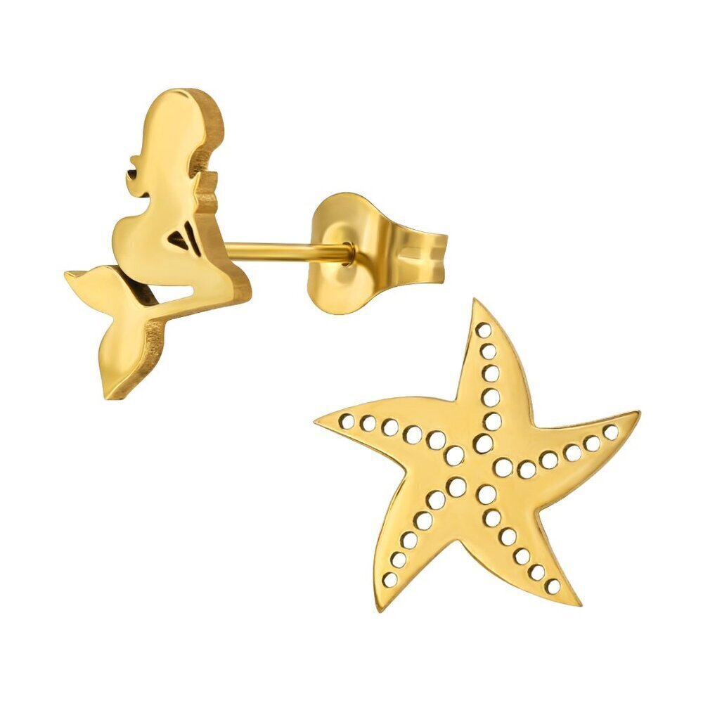 Gold Stainless Steel Starfish and Mermaid Earrings